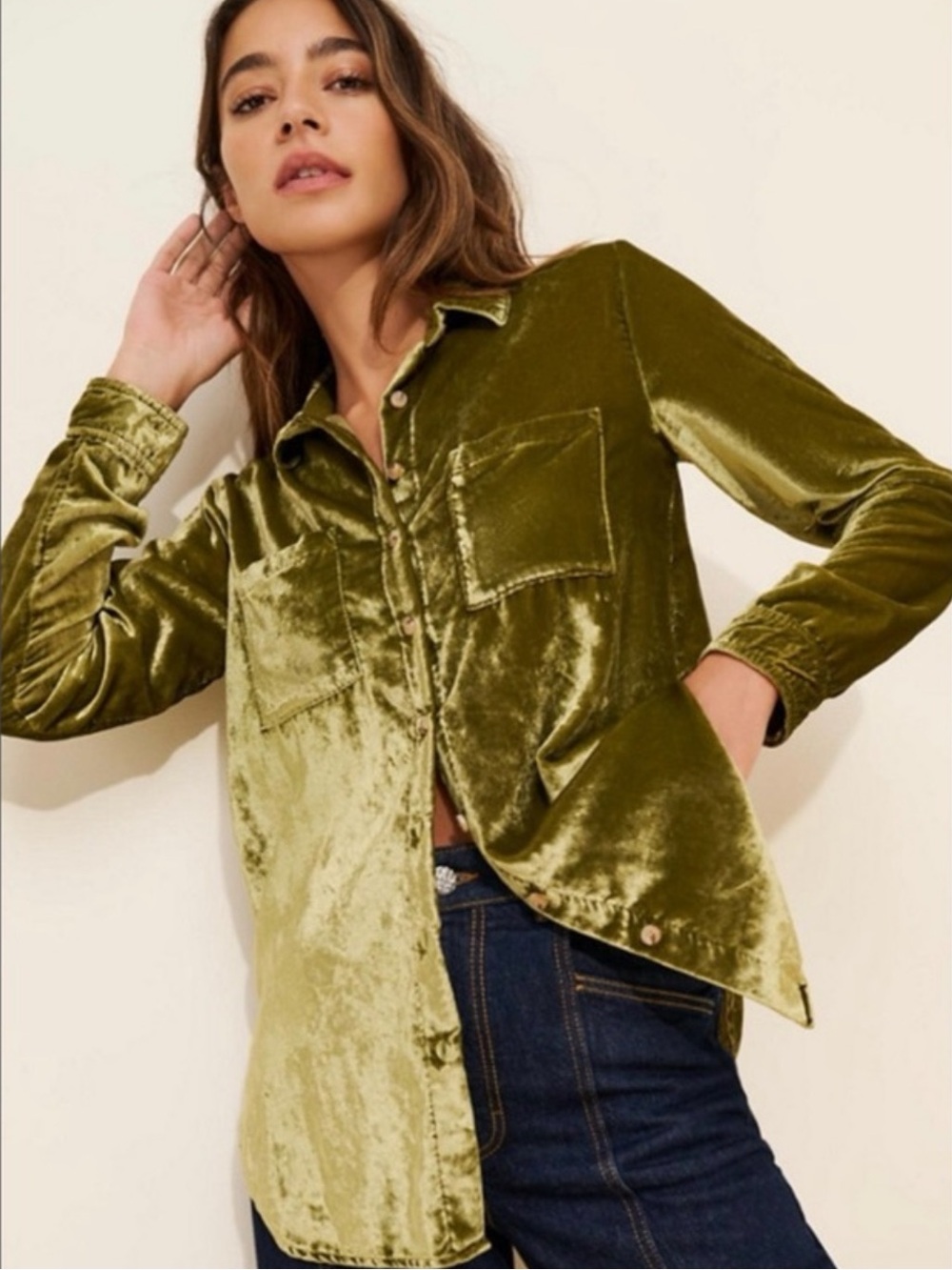 Pilcro Olive Velvet Button-Up Shirt with Shimmer Collar